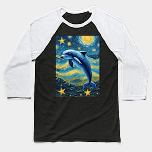 Adorable Dolphin Animal Painting in a Van Gogh Starry Night Art Style Baseball T-Shirt